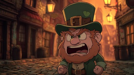 A  furious  leprechaun  in  a  cobbled  street  setting.