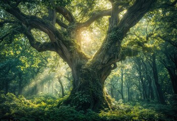 Fototapeta premium a majestic, ancient oak tree stands bathed in ethereal sunlight filtering through a lush, verdant forest undergrowth.
