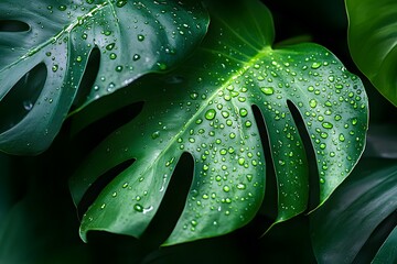 Close up view of vibrant green monstera leaves covered in water droplets for a natural and refreshing background