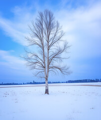 A solitary tree stands in a snowy winter landscape under a cold blue sky with frost on its branch, Mobile Phone Wallpaper, Generative AI