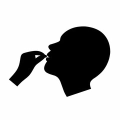 Vector icon taking medicine pills. Head with open mouth and hand holding a circular pill. Isolated on a white background.