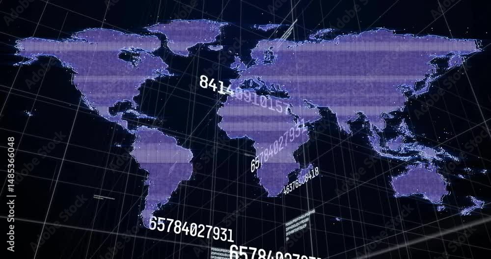 Poster stylized purple dot matrix map animating on dark grid plane, displaying white numeric data streams