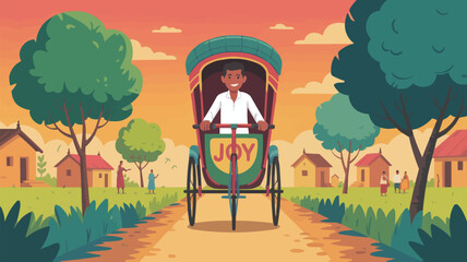 Naklejka premium Illustrated depiction of a rickshaw driver in a vibrant village setting with the word joy.