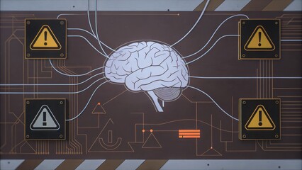 Artificial intelligence applications + AI ethics + cybernetics A stylized brain connected to circuits, featuring warning icons, symbolizing technology and cognition.