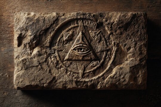 Carved stone slab featuring all-seeing eye symbol.