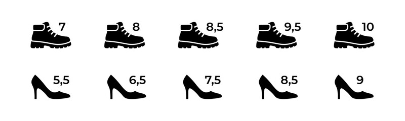American footwear size vector icons for men and women. Shoe sizing symbols in clean flat icon set.