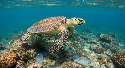 Sea Turtle Swimming Underwater Entangled in Net and Plastic Pollution