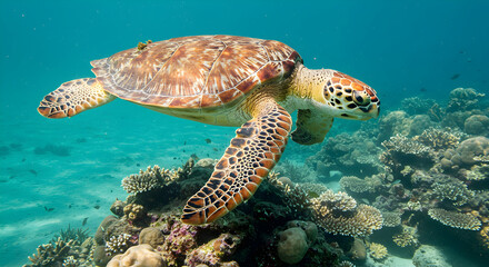Obraz premium Sea Turtle Swimming Underwater Near Coral Reef