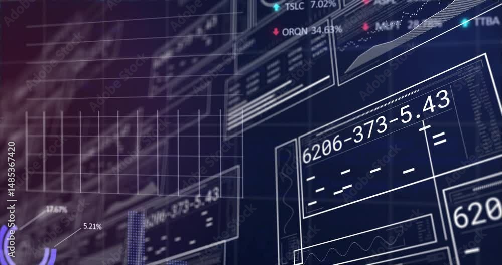 Poster futuristic data interface showcasing translucent panels with line graphs bar charts stock tickers