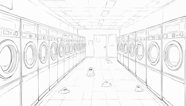 Empty laundromat coloring page with whimsical elements and playful unexpected items
