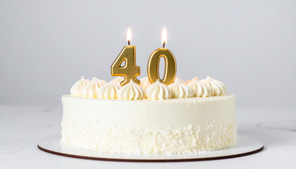 Beautiful cake with white glaze with burning candle in shape of number 40. Tasty holiday dessert.