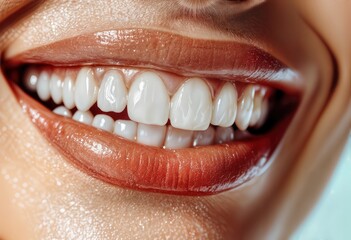 Fototapeta premium a close-up shot reveals a radiant smile with perfectly aligned and gleaming white teeth framed by warm-toned lips.