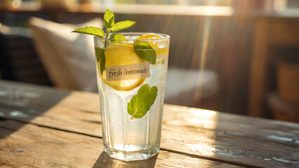 Refreshing glass of fresh lemonade with mint and ice on a wooden table
