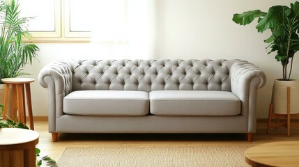 Modern Gray Chesterfield Sofa in a Cozy Living Room