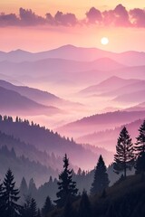 Obraz premium Pastel Sunrise Mountain Landscape with Fog and Pine Trees in Misty Valley