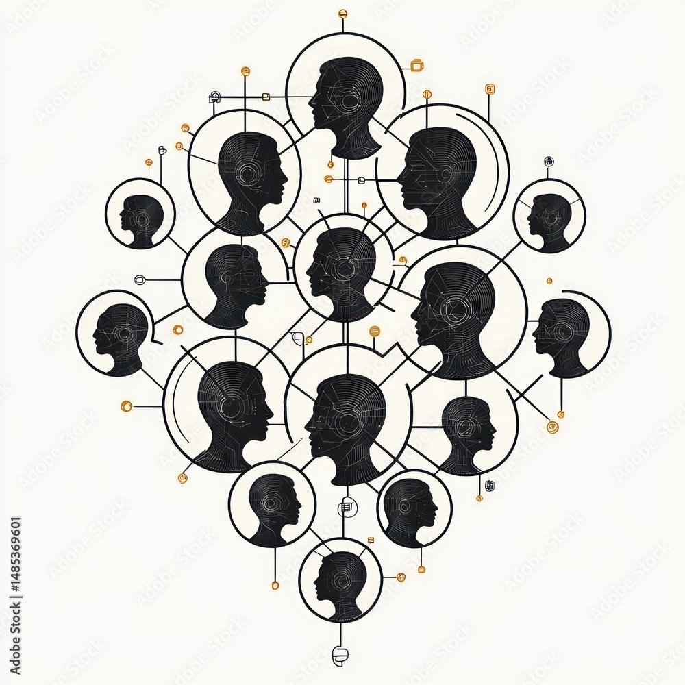 Aufkleber abstract network of interconnected human head silhouettes with circuitry lines and circular frames s