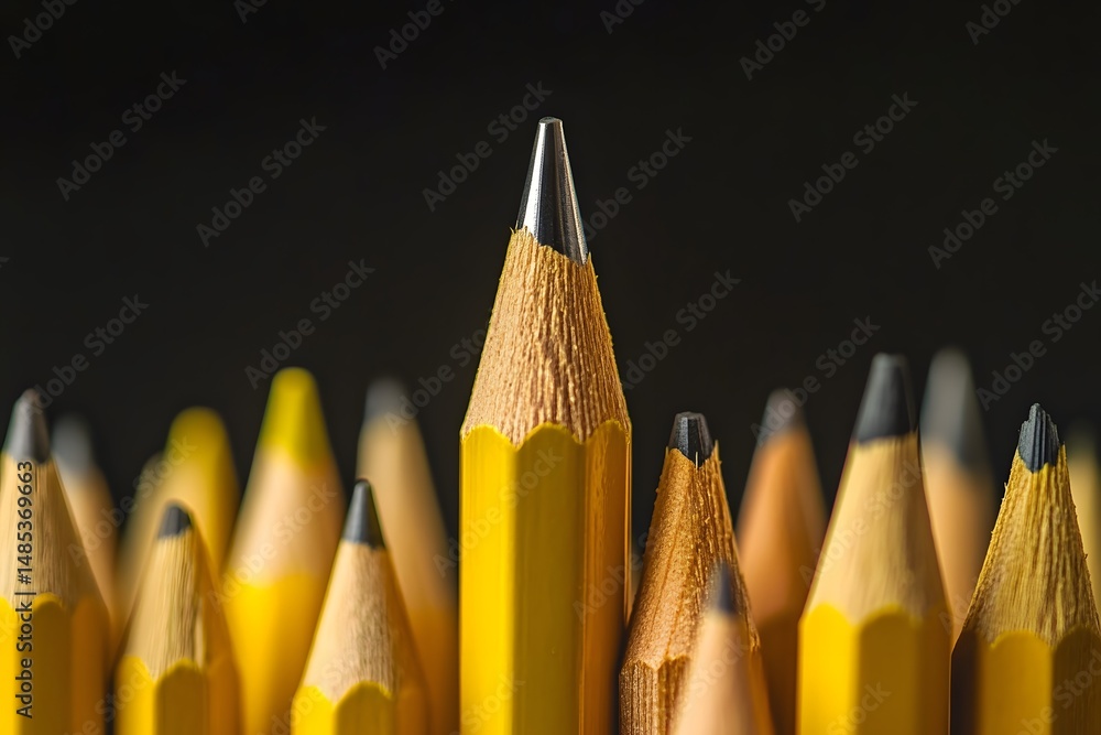 Aufkleber close-up view of pencils in a row with sharpened leads and yellow bodies