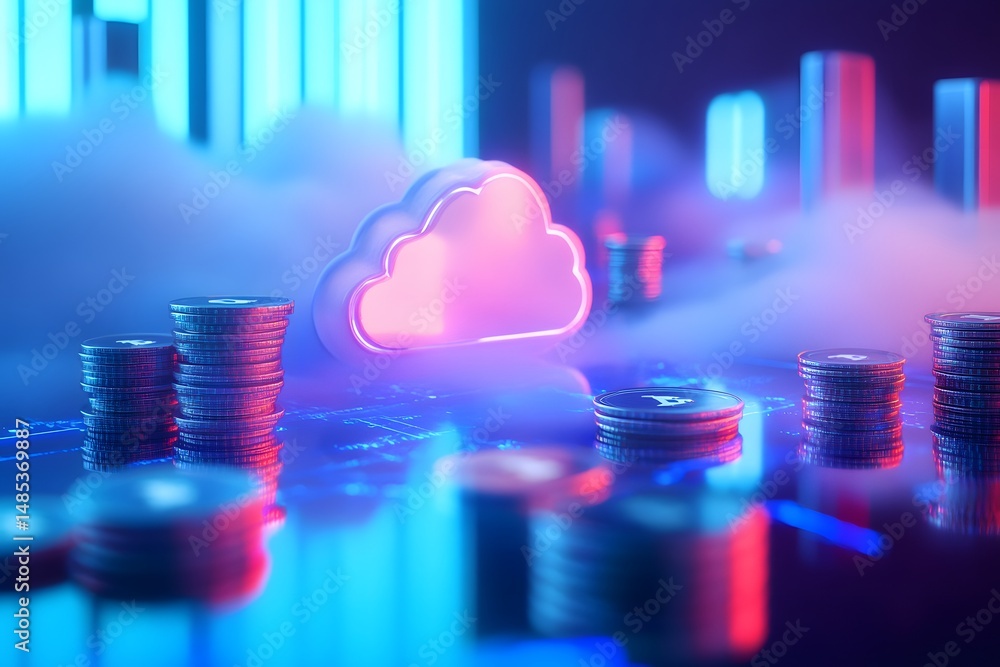 Poster cloud computing and cryptocurrency concept visualized with stacks of coins in a neon setting