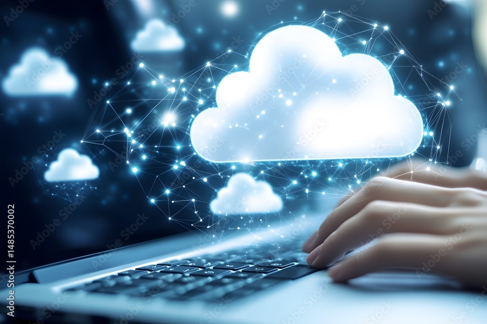 Poster cloud computing concept represented by laptop interface with data network and digital clouds