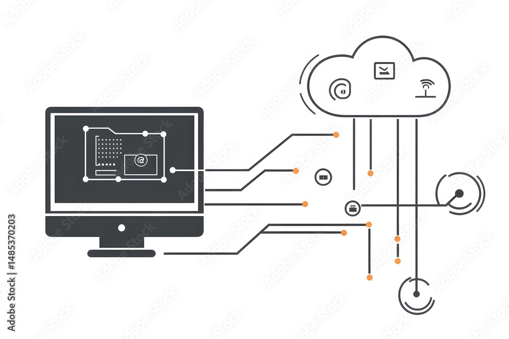 Poster cloud computing connection showing data storage and transfer technology with desktop computer