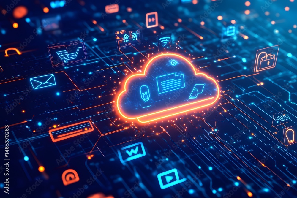 Poster cloud computing concept with glowing circuit board background and digital information icons