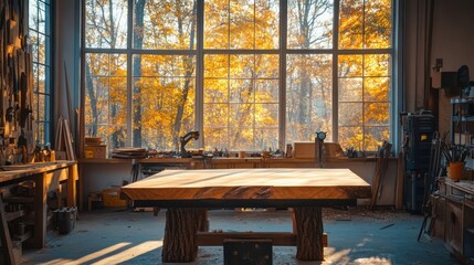 Quiet wood shop with sunlight on a fresh table top and tools resting nearby.