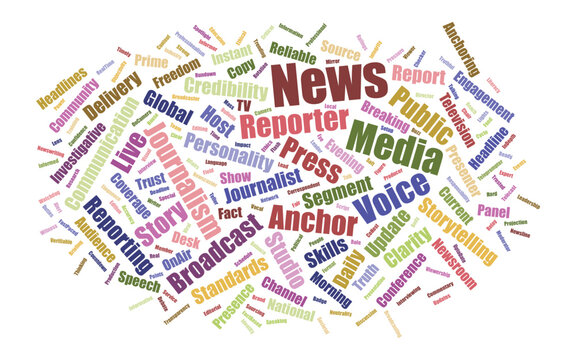 Editable News Anchors Word Cloud Layout &ndash; Broadcast Journalism Typography Art with Media & Reporting Terms in Editable Vector Format