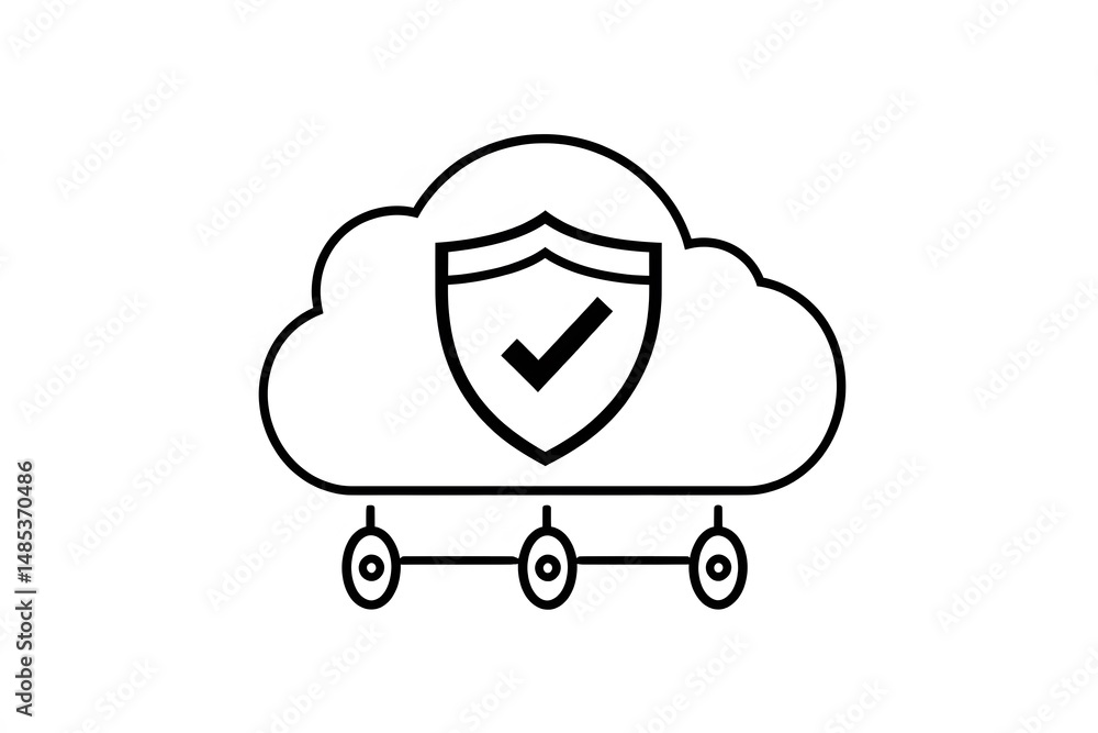 Poster cloud computing security icon depicting shield with check mark and connection points in black and wh
