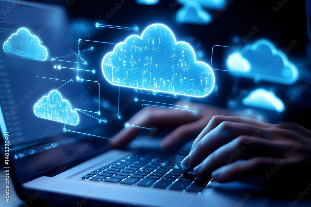 Poster cloud computing digital data transfer and cyber security with laptop and glowing graphics