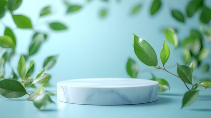 Elegant Marble Display Stand with Fresh Green Leaves
