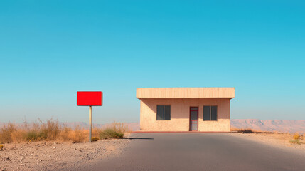 Solitary building stands on deserted road under clear blue sky, evoking sense of isolation and tranquility