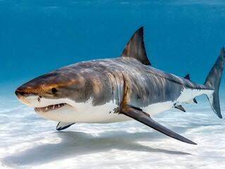 Naklejka premium Magnificent Great White Shark: A formidable great white shark gracefully glides through the clear, turquoise waters, showcasing its power and beauty in its natural environment.
