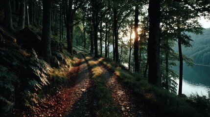 Obraz premium Forest path to lake at sunset