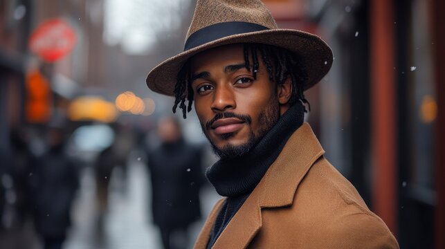 Stylish man in hat & coat poses on a city street, slightly blurred background