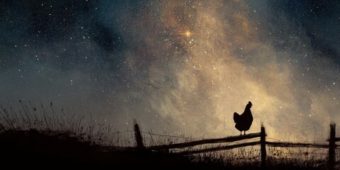Silhouette of a hen at night under a starry sky.