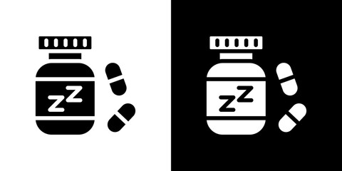 Sleeping pills icon flat vectors set. black and white
