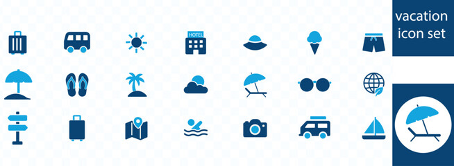 vacation icon set . vacation, plane, passport, hotel, palm tree, travel, beach, sunset, island and more. Solid vector