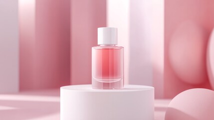A bottle of perfume is sitting on a pedestal in front of a pink background