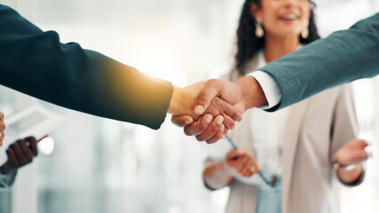 Business people, handshake or meeting with partnership for introduction, B2B or deal together at...
