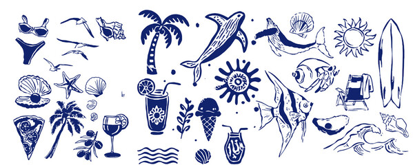 Hand drawn summer illustration set. Italian dolce vita. Minimalist line art. Palm tree, lemon, cocktails sun and sea, seashells in doodle sketch style. Drawing ink. Concept vacation ocean and travel
