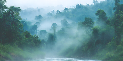 Misty river flows through dense green jungle at dawn with fog covering the landscape