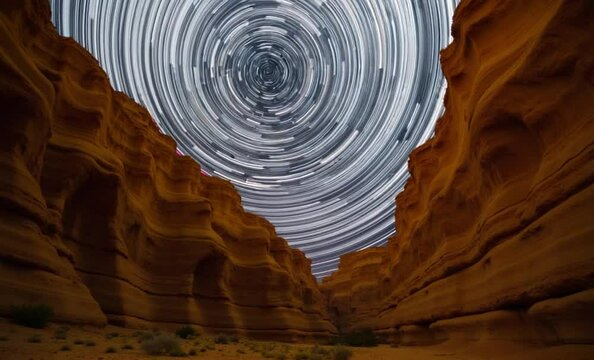 4K Astrophotography star trails over sandstone canyon walls.