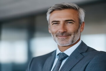 Confident mature businessman wearing a tailored suit exuding professionalism with a warm smile against a blurred corporate background capturing the essence of modern leadership and success