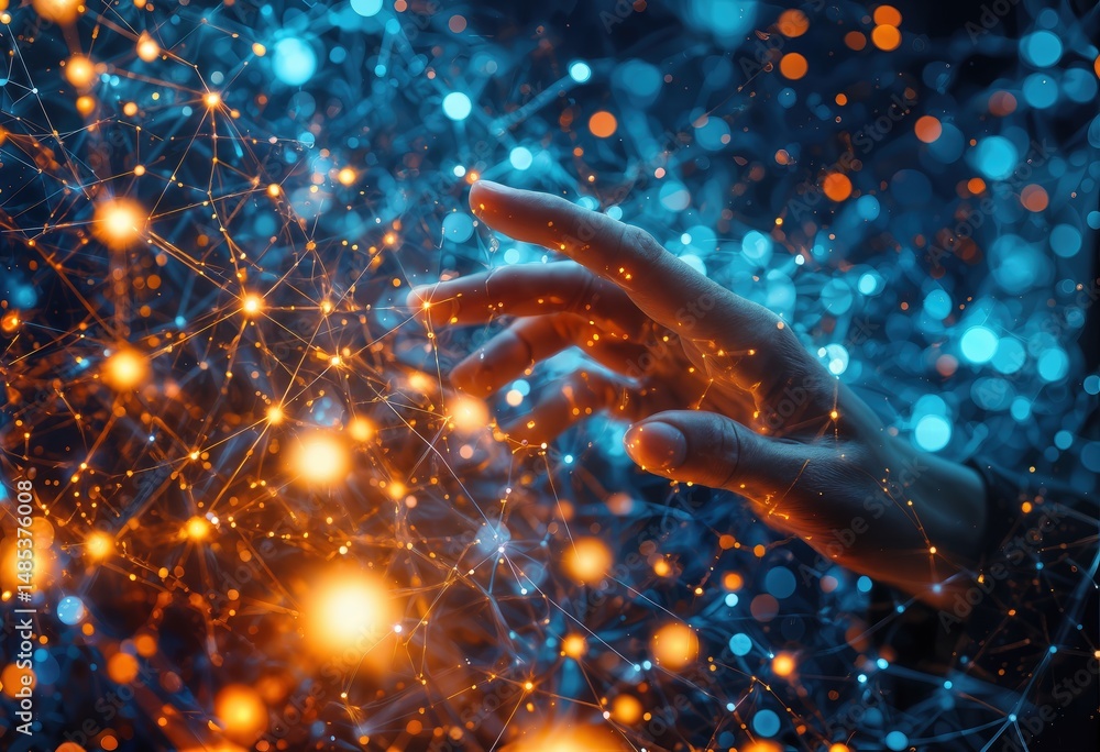Poster a human hand reaches out to interact with a vibrant network of glowing orange and blue particles rep