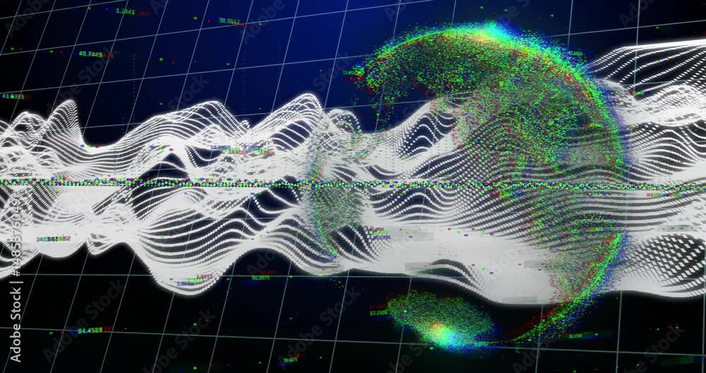 Poster white waveform ribbons flowing over dark wireframe grid in 3d, showing floating numeric labels