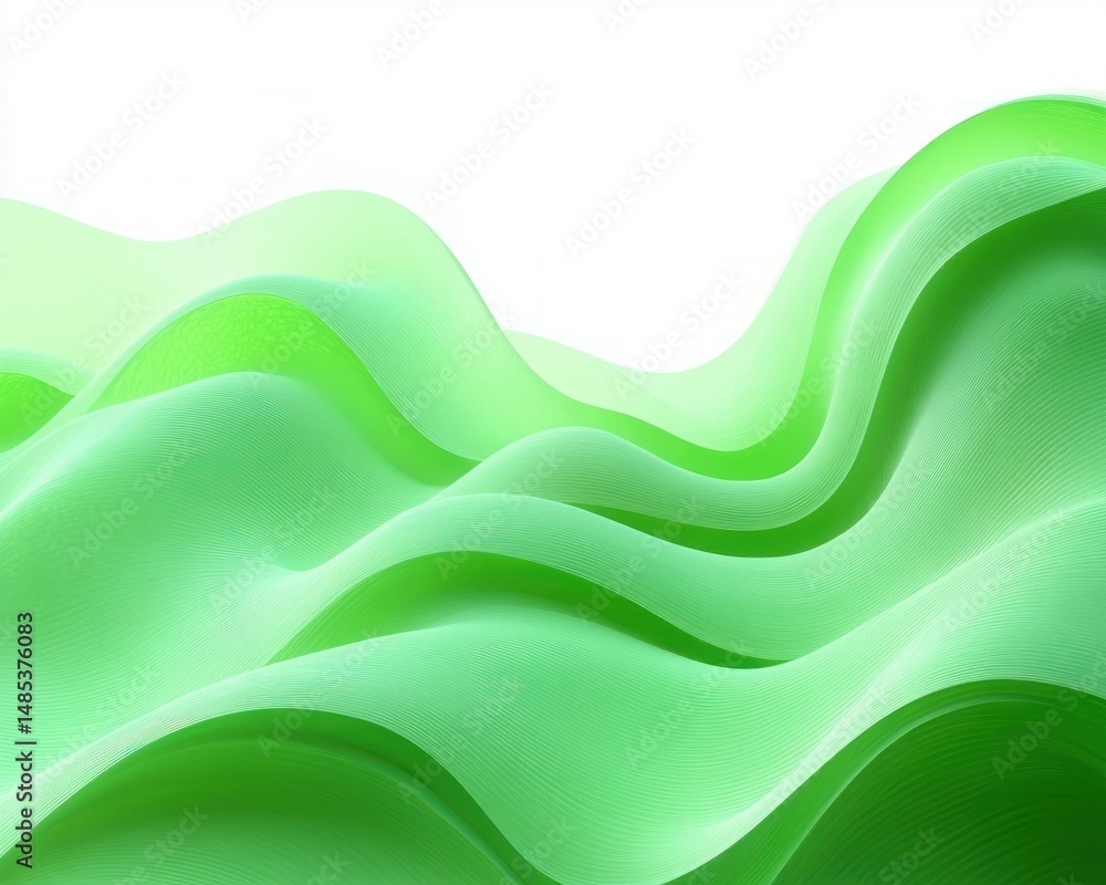 Poster smooth flowing translucent green wave-like shapes layered on a white background evoking calmness and