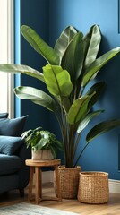 Living Room Interior with Plants and Baskets