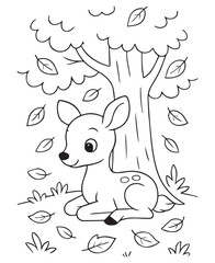 Coloring book deer sits nestled amongst fallen autumn leaves at the base of a large tree. 