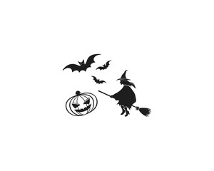 Spooky Halloween Silhouette Vector with Haunted Tree, Evil Pumpkins, Flying Bats, Spider Webs & Creepy Castle.