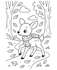 Coloring book deer wearing a cozy scarf walks along a winding path as autumn leaves fall 